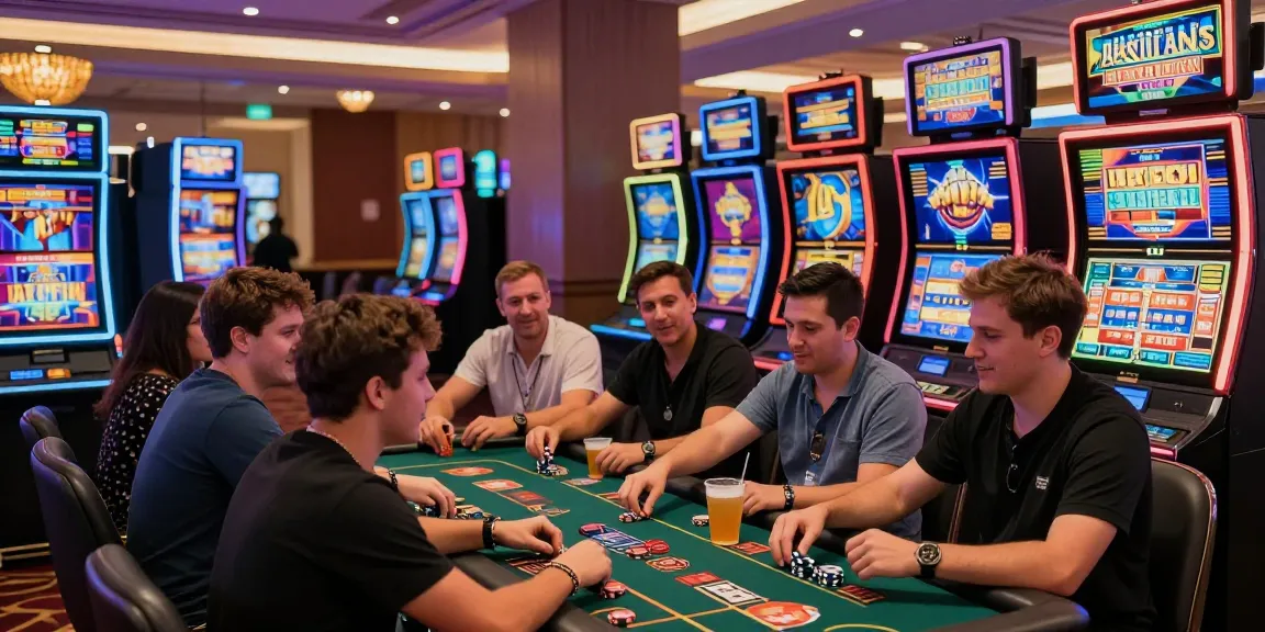 Pengalaman bermain Slot777 di kasino modern dengan pemain yang antusias dan mesin slot berwarna-warni.