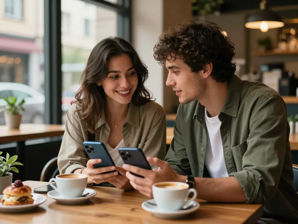 Couple enjoying sexting AI chat in a cozy café setting.