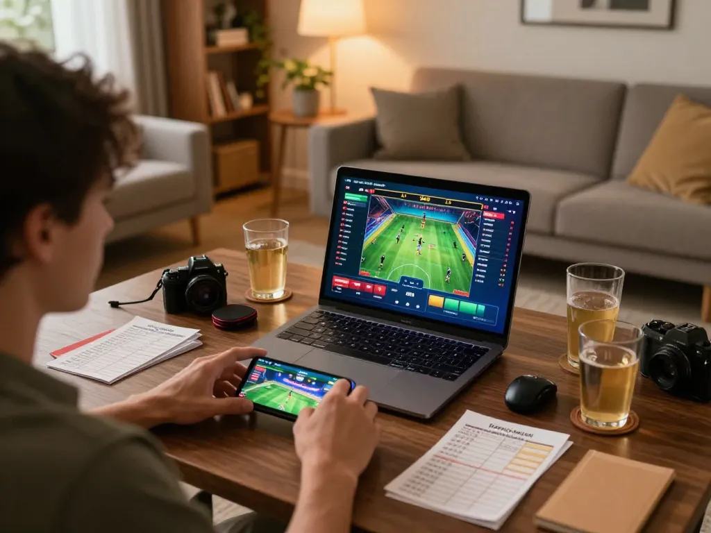 Place strategic bets with Soibet in a cozy home sports betting setup showing a vibrant gaming atmosphere