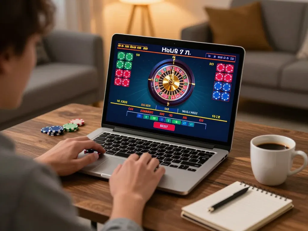 Engaged player enjoying live casino roulette on laptop, sin88 online atmosphere with vibrant gameplay.