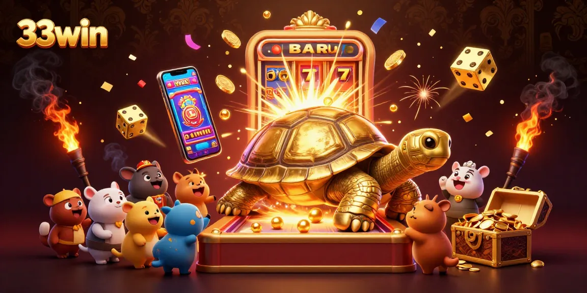 Engage with 33win's lively casino experience as small animals play on a golden tortoise pinball machine amid a slot jackpot.