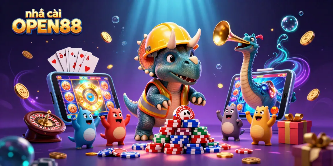 Engage with Nhà cái OPEN88 in this vibrant scene of cheerful gameplay and winnings with 3D characters.