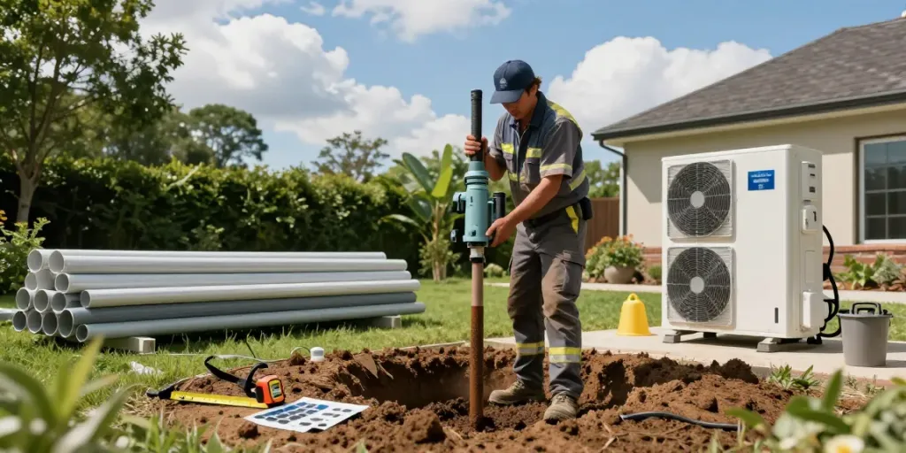 Geothermie Kosten: Techniker bei der Installation einer Erdwärmeheizung in einer grünen Landschaft