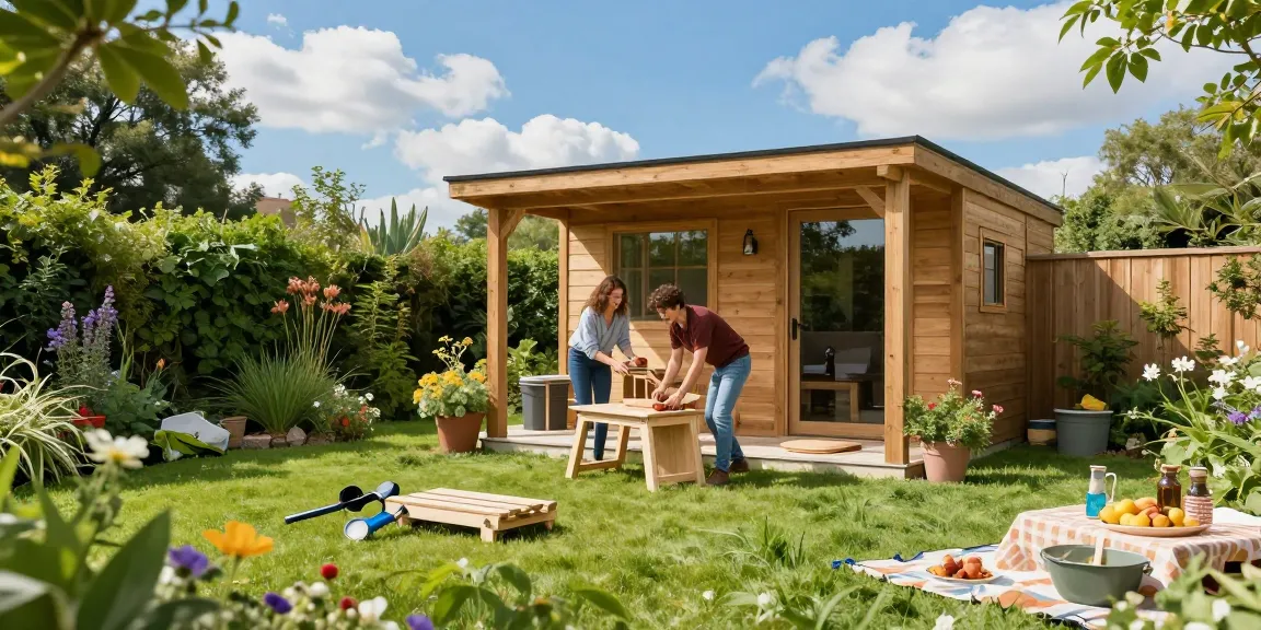 Gemütliches Gartenhaus von McGarden24 umgeben von blühenden Pflanzen, während ein Paar Gartenmöbel aufstellt.