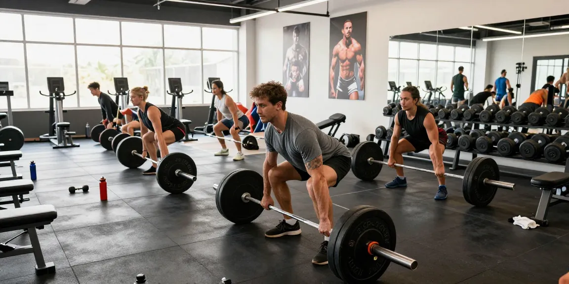Anabolika Shop Deutschland - Engagierte Gruppe von Bodybuildern, die in einem lebhaften Fitnessstudio trainiert, wobei die Energie und Hingabe von Fitnessbegeisterten gezeigt wird.