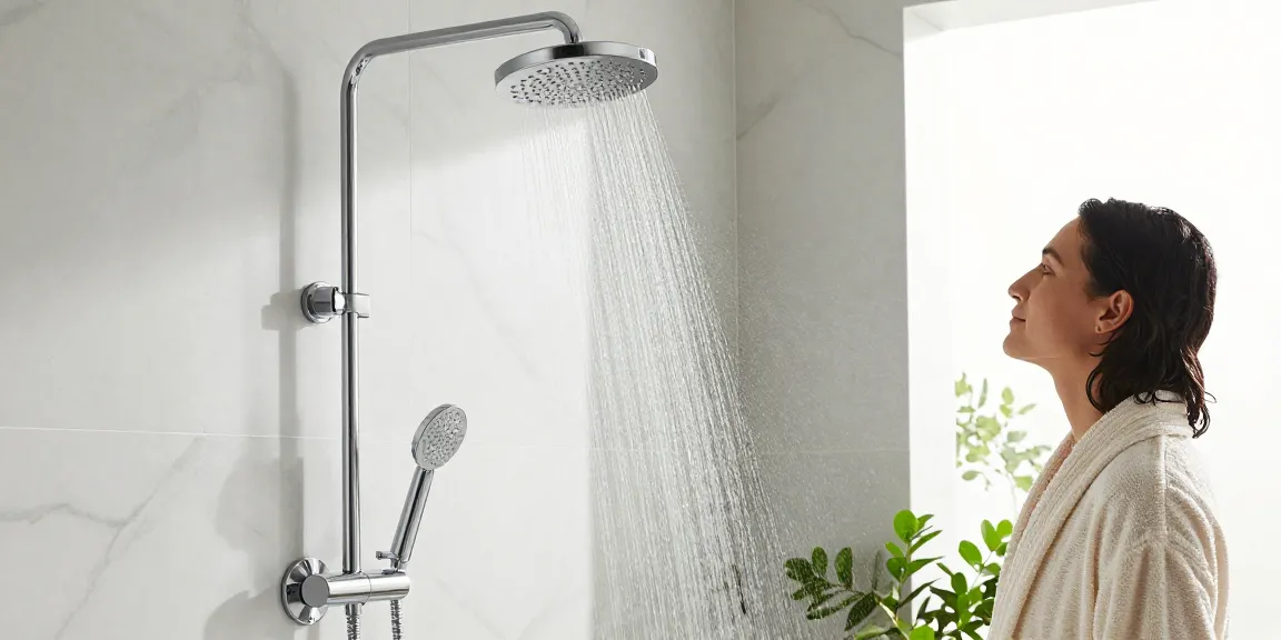 Regendouche thermostaatkraan uitgelicht in een luxe badkameromgeving met moderne designelementen en een ontspannen sfeer.