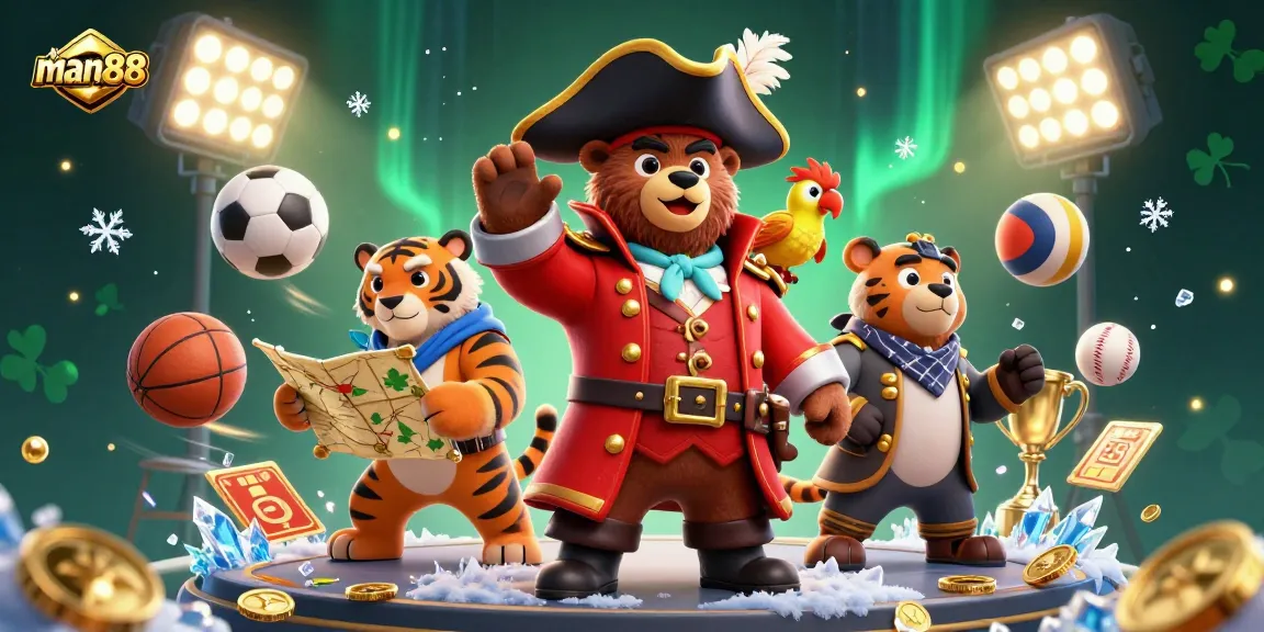 Bet on thrilling games with man88, featuring a pirate bear and dynamic sports elements