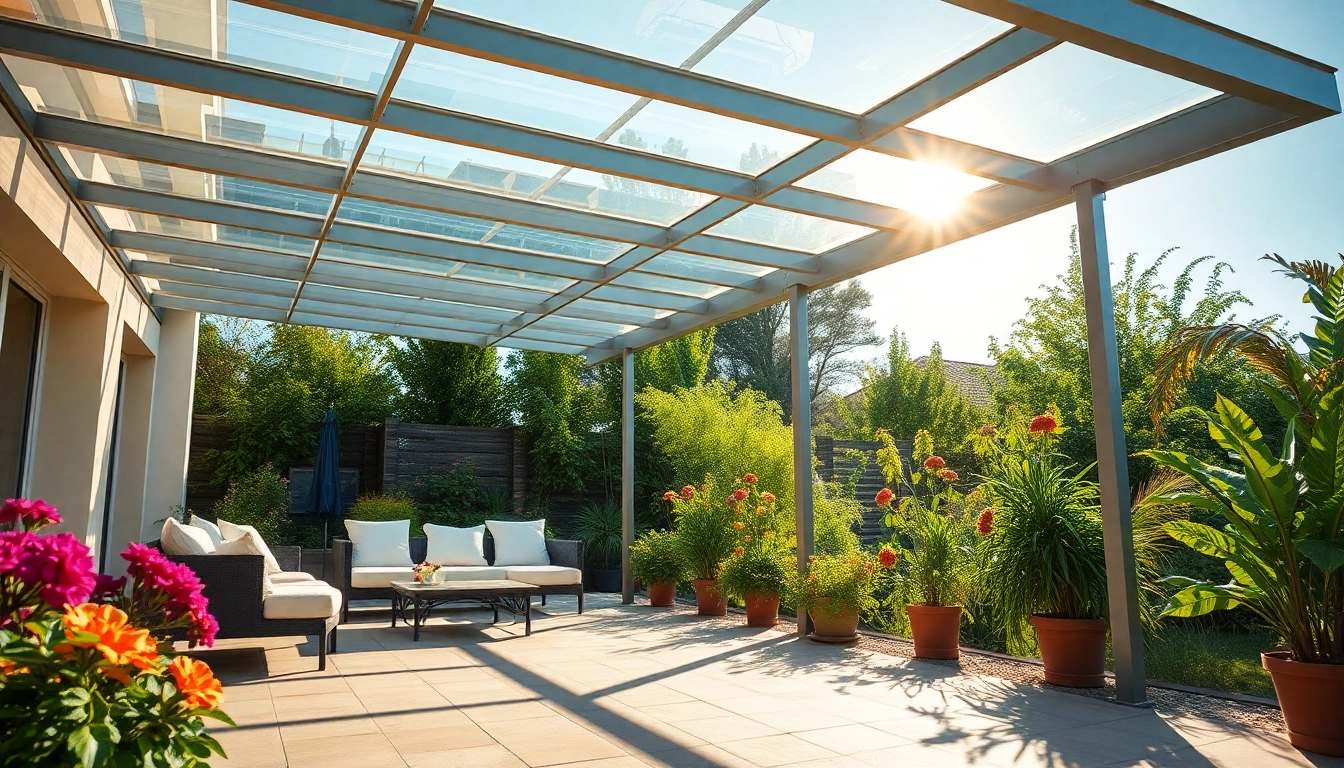 Terrassenüberdachung in einem einladenden Garten mit modernen Design-Elementen.