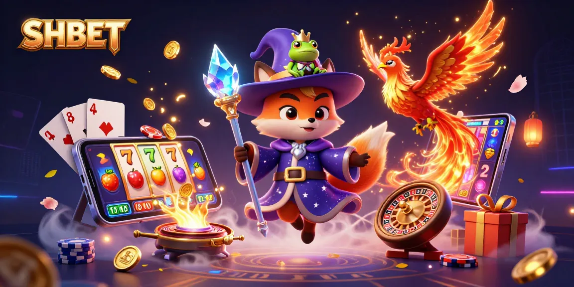 Experience SHBET with a captivating 3D illustration displaying vibrant slot elements and animated fantasy creatures.