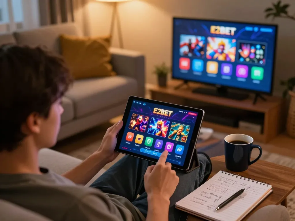 E2BET không chặn - Enjoying an engaging online casino session on a tablet in a cozy home environment.