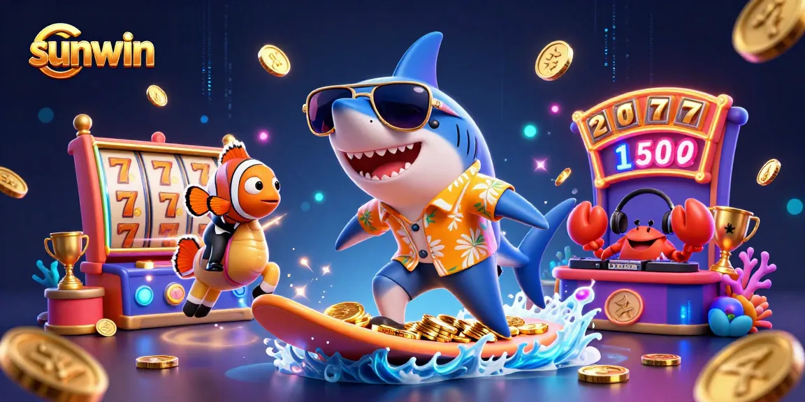 Sunwin showcases thrilling slot reels and vibrant casino characters in a dynamic digital illustration.