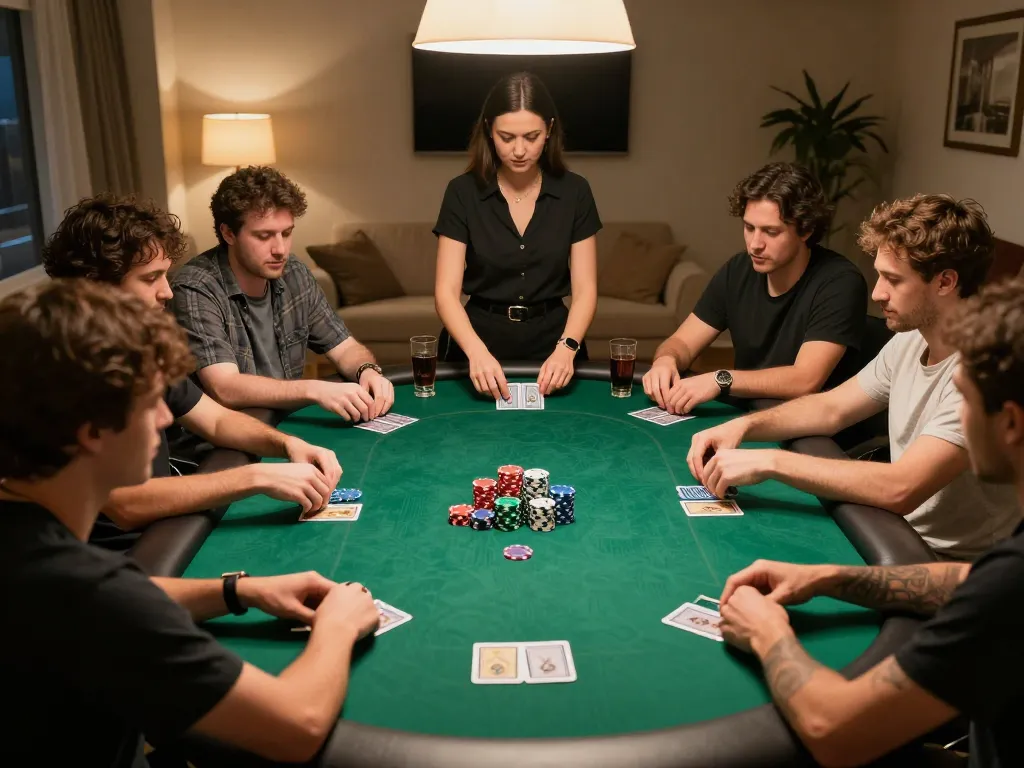 Players engage in a thrilling poker game at home, showcasing kp88's excitement and strategy in gaming.