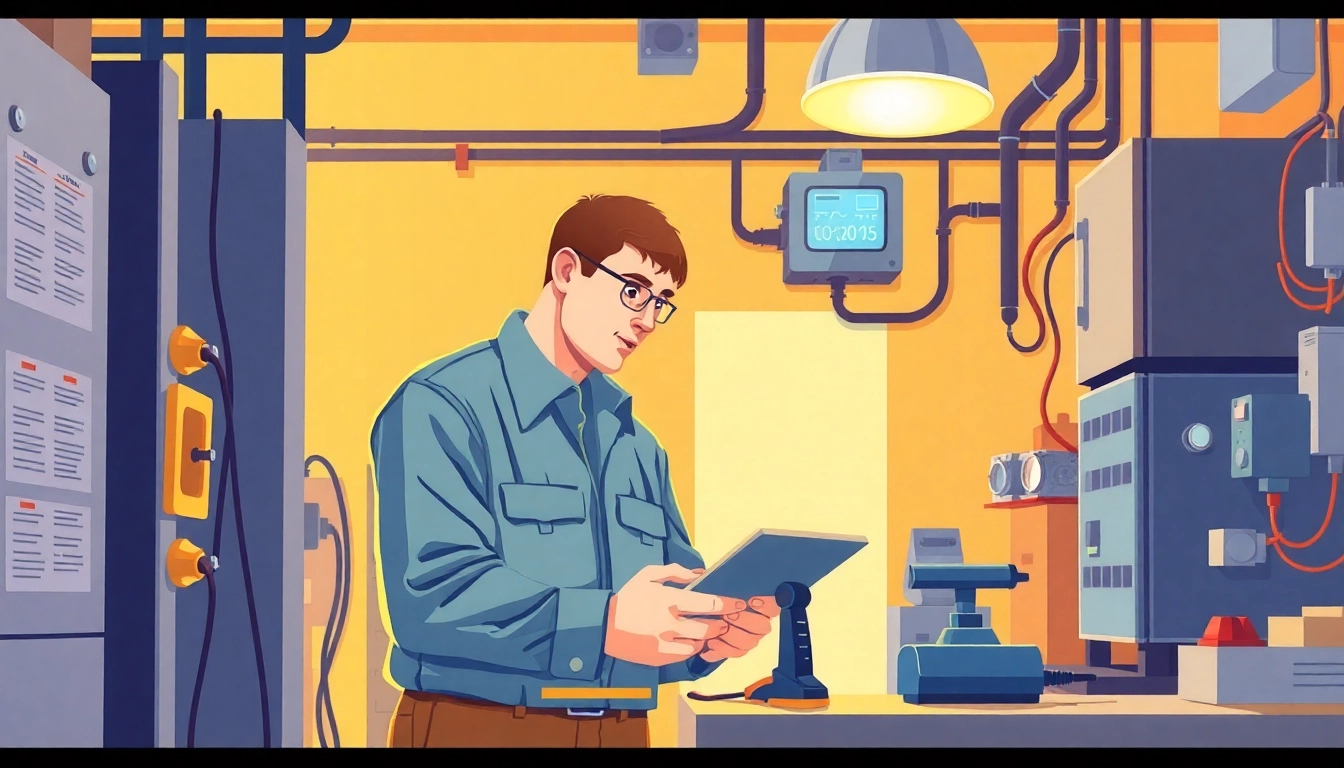 Technician performing a DGUV V3 Prüfung on electrical equipment in a workshop.