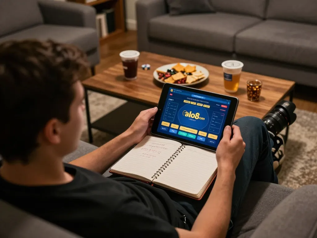 Engaged player exploring alo8 com poker strategies on tablet in cozy home setup