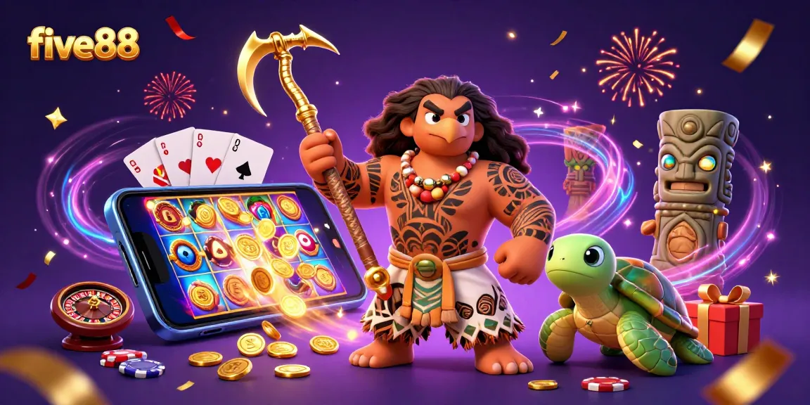 Experience five88’s vibrant gaming world with a demigod and turtle amidst dynamic casino elements.