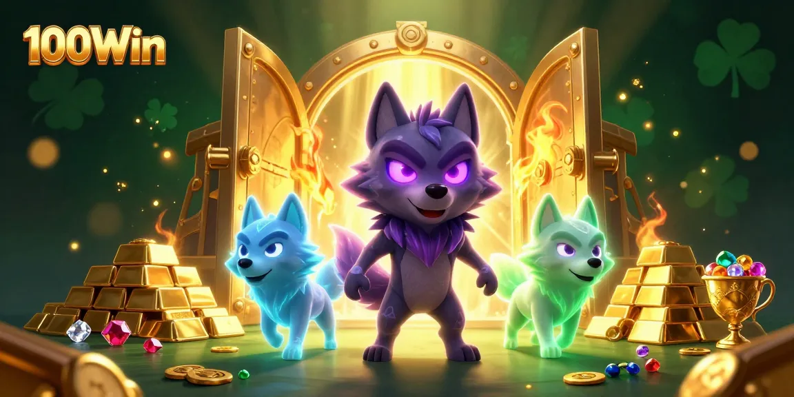 Win big with 100Win as glowing wolves guard treasures in a vibrant casino scene showcasing jackpots.