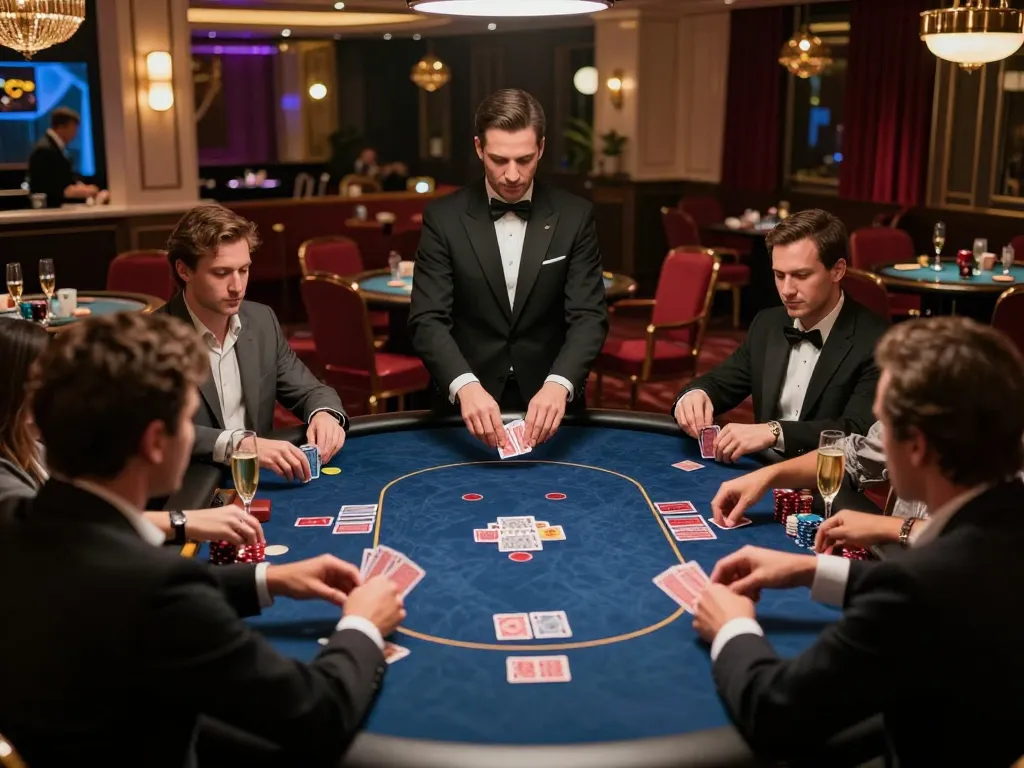 Players engaging in high-stakes poker at nhà cái kp88's elegant VIP gaming room, showcasing an upscale casino experience.