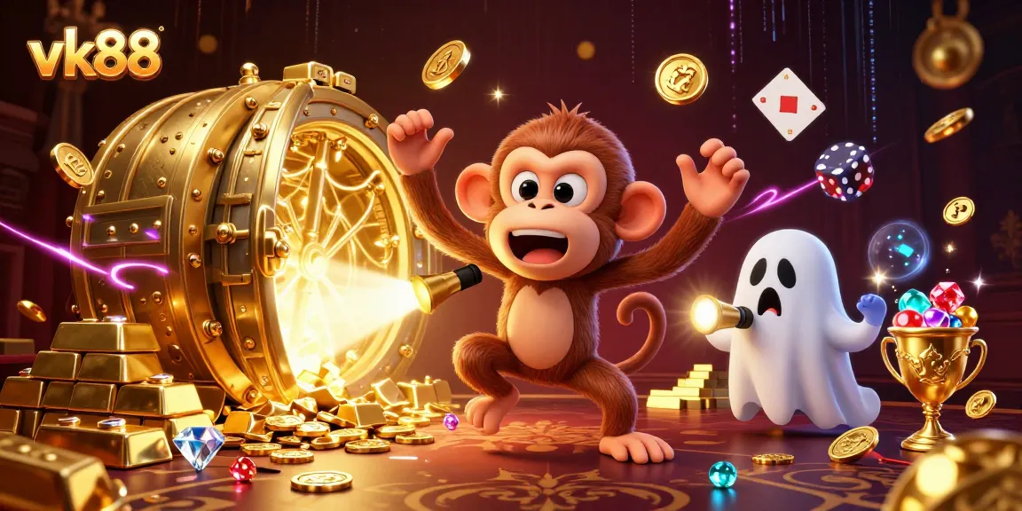 Engage with the vk88 casino as a mischievous poltergeist monkey juggles gold treasures in a haunted scene.
