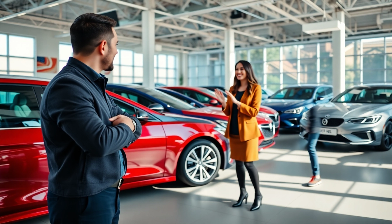 Auto kaufen: Ein freundlicher Verkäufer berät einen Kunden in einem modernen Autohaus.