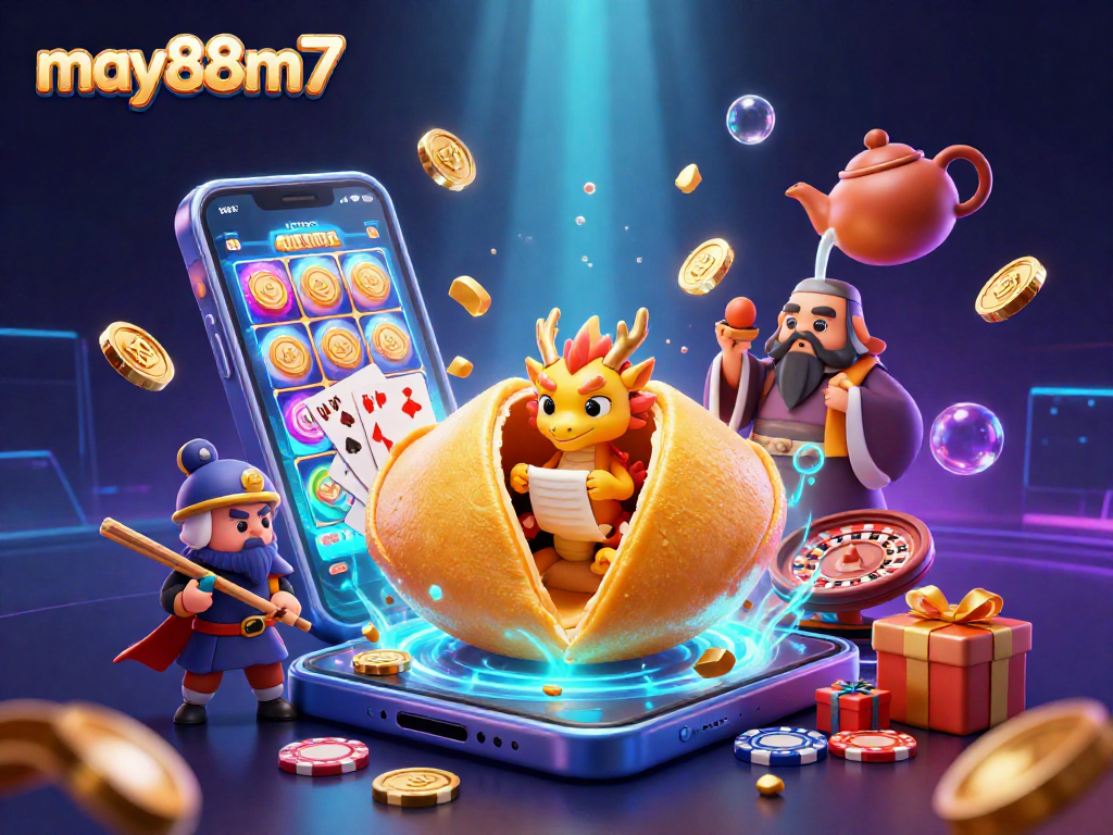 Experience thrilling gaming at may88m7 with a vibrant 3D casino illustration showcasing slots and rich treasures.