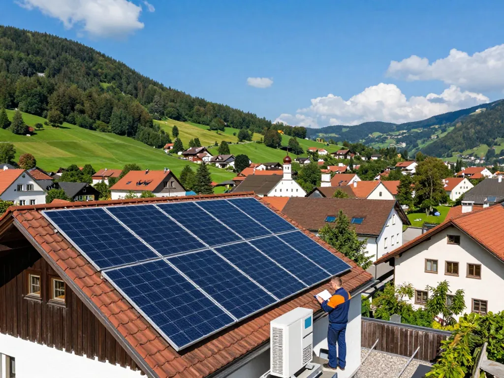 Photovoltaik Bayern zeigt Solarpanels auf bayerischen Dächern mit energieeffizienten Wärmepumpen.