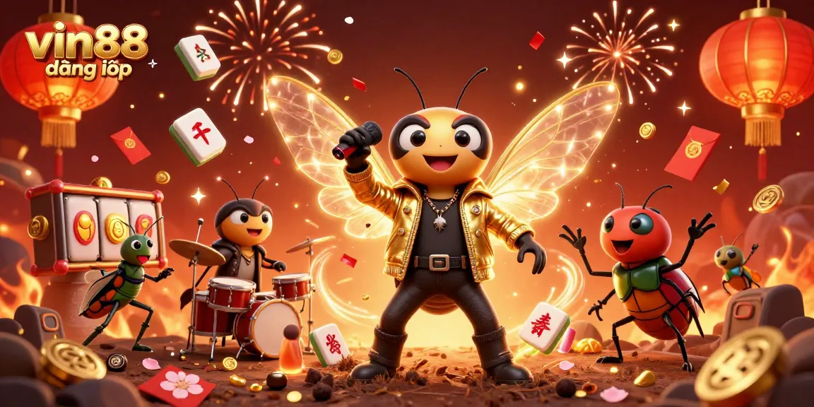 Experience vin88 đăng nhập with a vibrant casino-themed illustration featuring a cicada rock star and slot elements.
