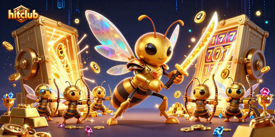 Win big at hitclub with a vibrant 3D illustration of a golden hornet in a casino setting, featuring dynamic slot elements.