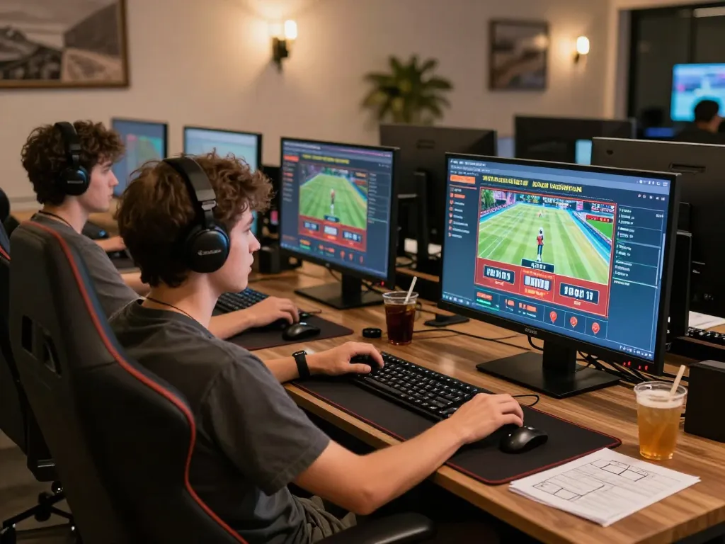 Engaged player strategizing on o8net3 using multiple screens in a modern gaming setup.