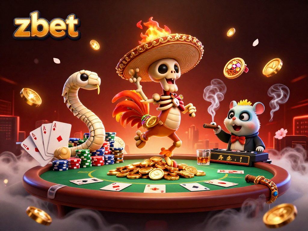 Experience zbet in a vibrant casino scene featuring action-packed characters celebrating wins with golden coins and poker elements.