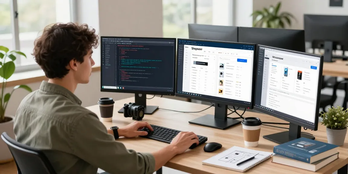 Freelancer bei SP Webconsulting, der einen Shopware-Onlineshop in einem hellen Arbeitsbereich entwickelt.