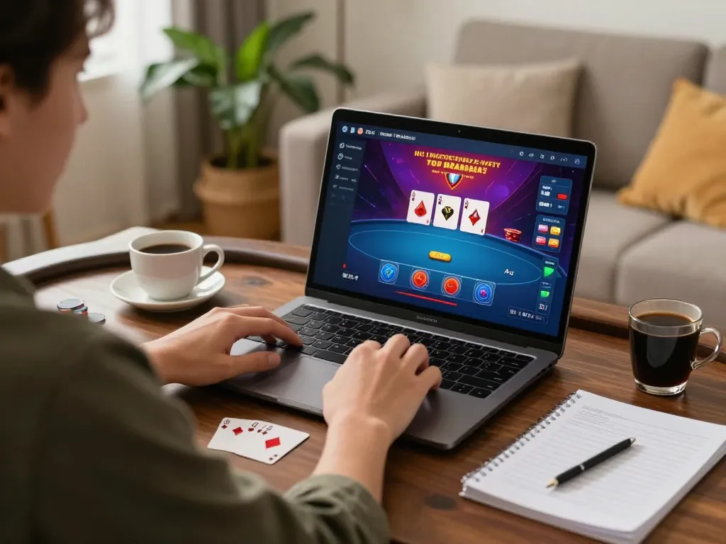 rikvip player strategizing with poker game on laptop in inviting home atmosphere