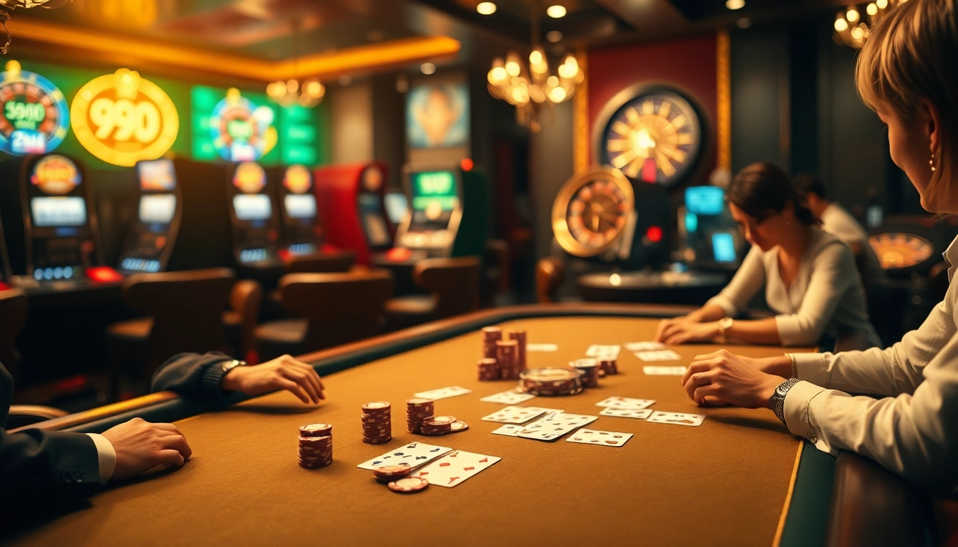 Intense poker action at https://99ok.co.im/ featuring chips and cards in a luxurious casino setting.