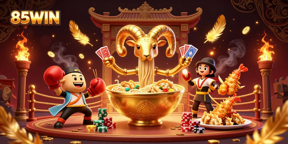 Engage with the 85WIN golden ramen bowl character in an exciting, dynamic casino scene packed with vibrant gambling elements.