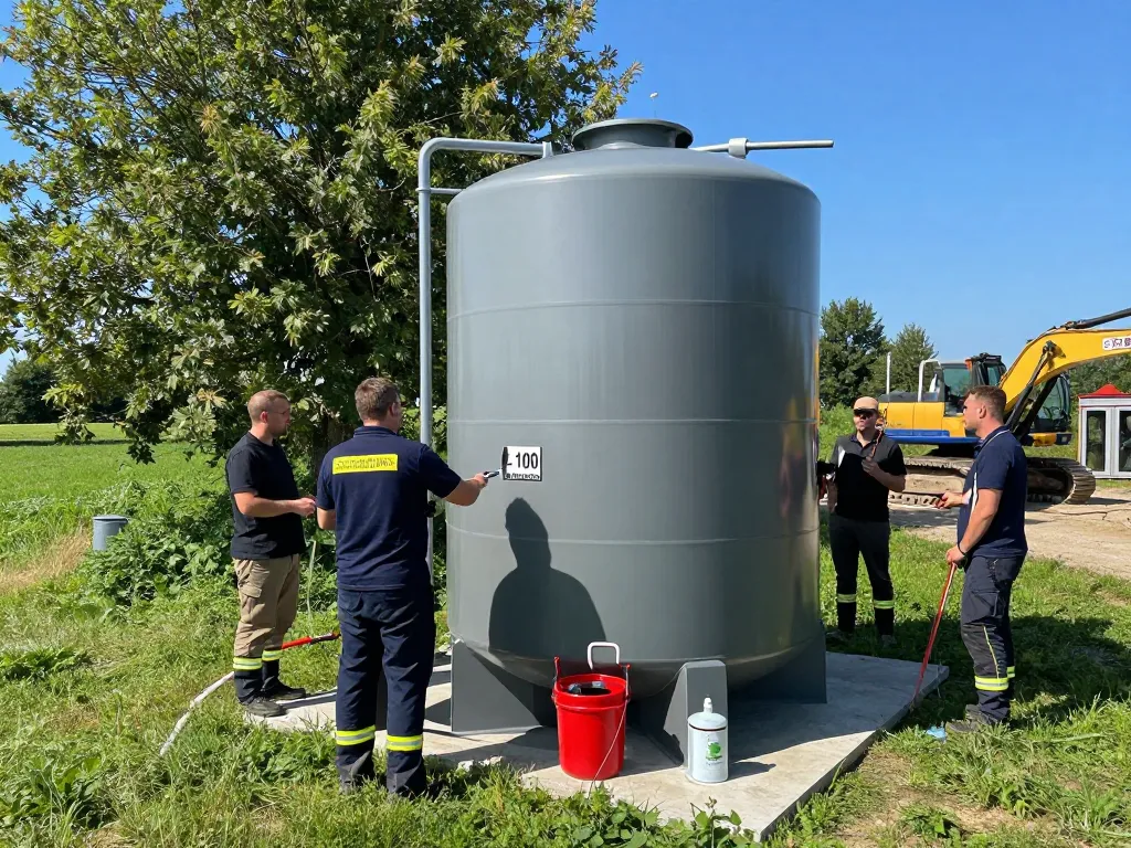 Löschwasserzisterne 100 m³ Installation in ländlicher Umgebung, die zuverlässigen Zugang zum Brandschutz gewährleistet.