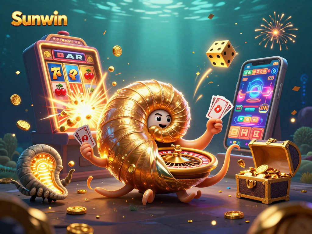 Join the excitement at Sunwin with a vibrant 3D casino scene showcasing slots and live gaming.