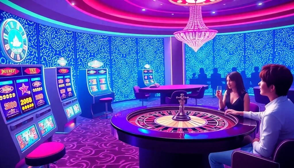 Erlebe spannende Spiele in einem Casino ohne Oasis, voll von leuchtenden Spielautomaten und aktiven Spielern.