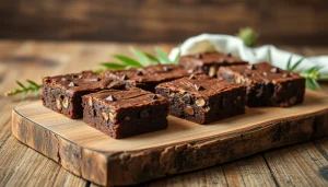 Leckere THC Brownies auf einem Holzbrett, frisch gebacken und verführerisch angerichtet.