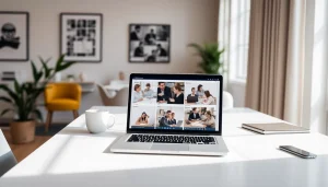 Browse Stellenangebote on a sleek laptop in a contemporary office setting.