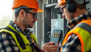 Electrician performing a DGUV V3 Prüfung with safety equipment and testing tools to ensure workplace safety.