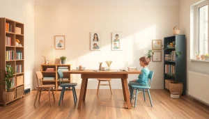 Ein gemütlicher Raum für Heimunterricht, eingerichtet mit Schulmaterialien und warmem Licht, das eine einladende Lernumgebung schafft.