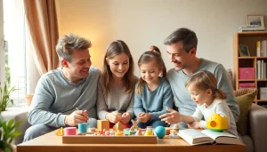 Eltern und Kinder gestalten gemeinsam ein kreatives Bastelprojekt zur Kindererziehung.