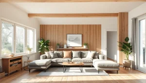 Modernes Wohnzimmer einer Hausrenovierung mit stilvollem Sofa und großen Fenstern, die Licht und Lebensfreude ausstrahlen.