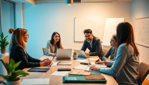 Showcase a dynamic meeting at a pflegemarketing agentur with professionals collaborating on marketing strategies.