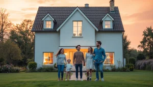 Familie beim Hauskauf: Eine glückliche Familie vor ihrem neuen Einfamilienhaus im Sonnenuntergang.
