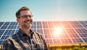Investor lächelt stolz vor einer Photovoltaik-Anlage und symbolisiert die Vorteile eines Photovoltaik Investments.