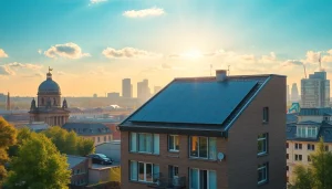 Erleben Sie die Vorteile beim Photovoltaikanlage kaufen Berlin: Modernes Wohngebäude mit Solaranlage unter strahlender Sonne.