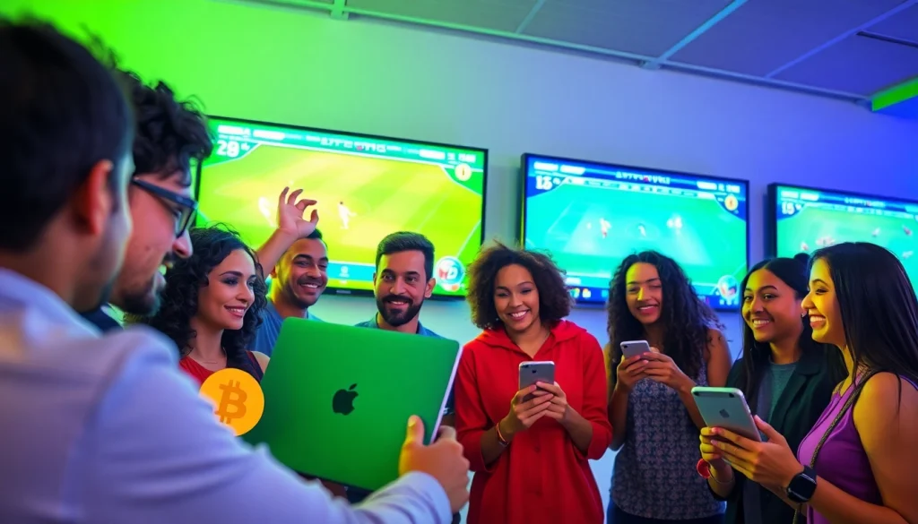 Engage with sports betting with bitcoin at a lively event showcasing diverse participants using technology.