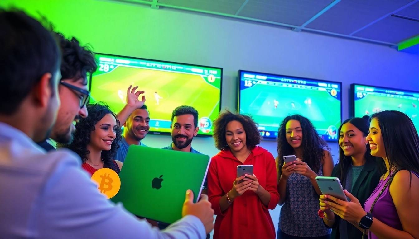 Engage with sports betting with bitcoin at a lively event showcasing diverse participants using technology.