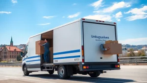 Umzugsunternehmen Saarbrücken zeigt professionelles Team beim sicheren Verladen von Möbeln.