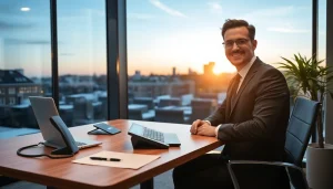Headhunter Karlsruhe bei der Arbeit in einem modernen Büro mit Stadtansicht.